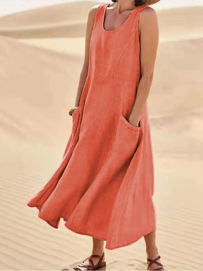 Linen Dress with Pockets - Lina-Orange-S-The Livary