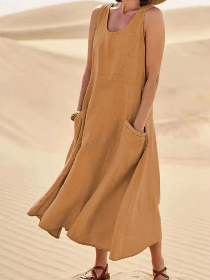 Linen Dress with Pockets - Lina-Brown-S-The Livary