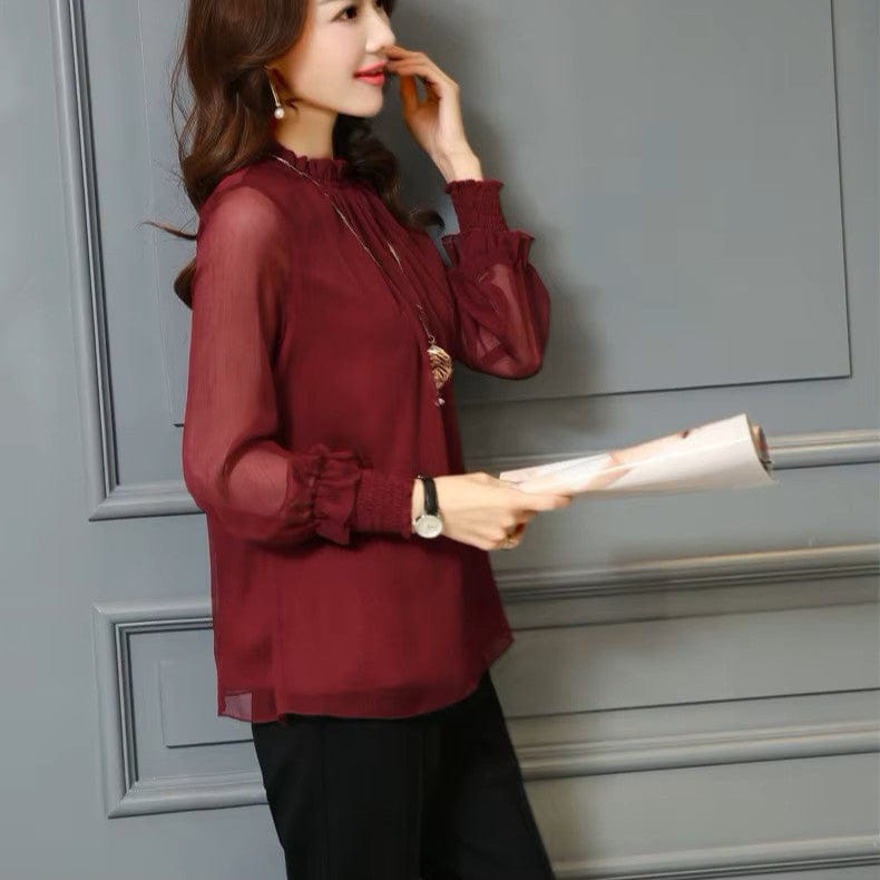 Stylish ladies' chiffon blouse with ruffles & transparent sleeves – Elina-Green-S-The Livary