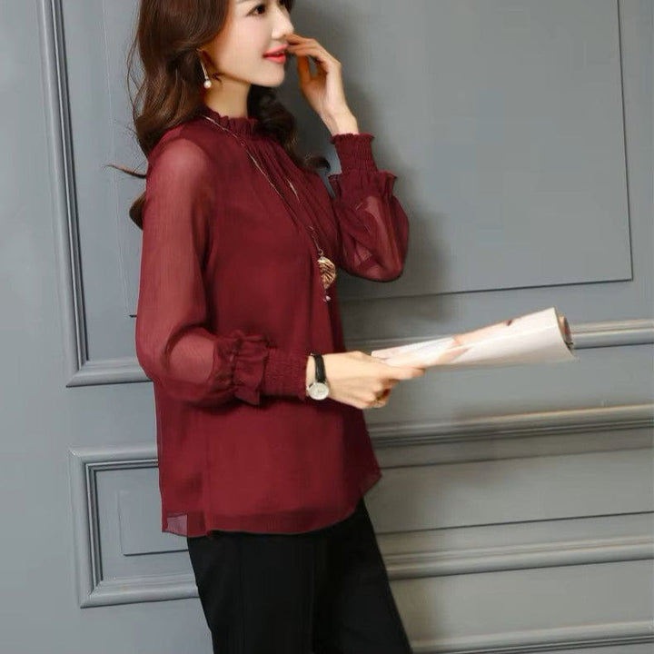 Stylish ladies' chiffon blouse with ruffles & transparent sleeves – Elina-Green-S-The Livary