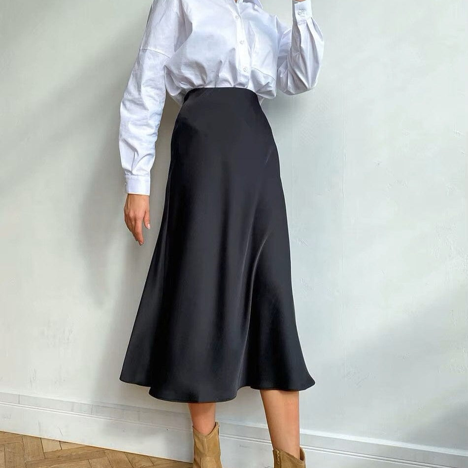 Satin shimmering women's midi skirt in A-line with high waist – Liora-Black-S-The Livary