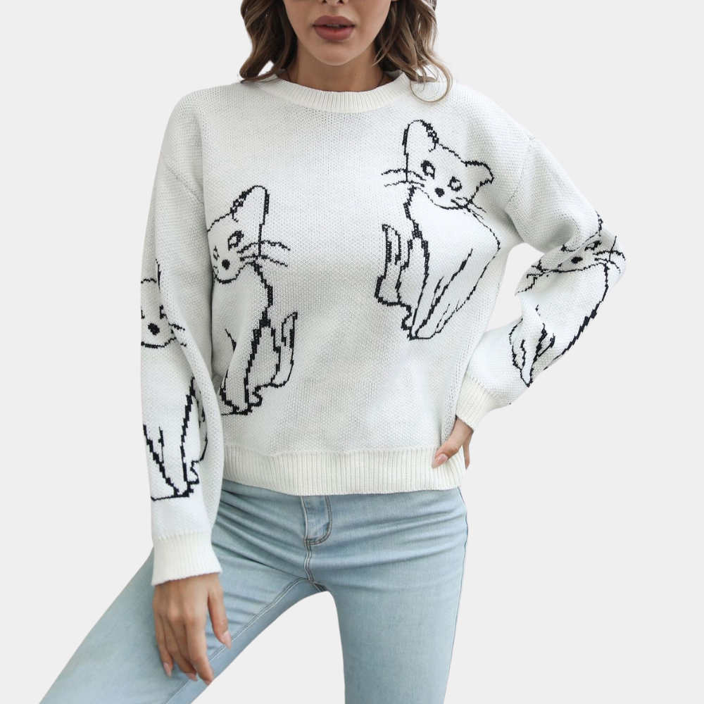 Kebell - Trendy Ladies' Sweater with Cats-White-XS-The Livary