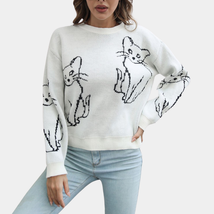Kebell - Trendy Ladies' Sweater with Cats-White-XS-The Livary