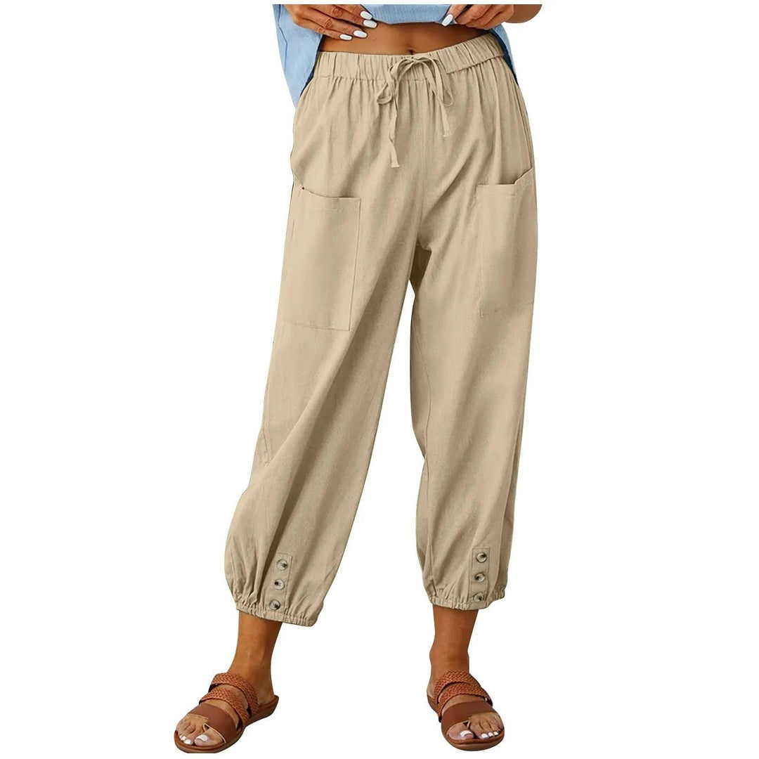 Light summer linen trousers with drawstring & wide cut – Mira-Khaki-S-The Livary