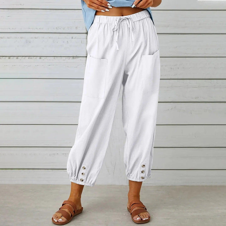 Light summer linen trousers with drawstring & wide cut – Mira-White-S-The Livary