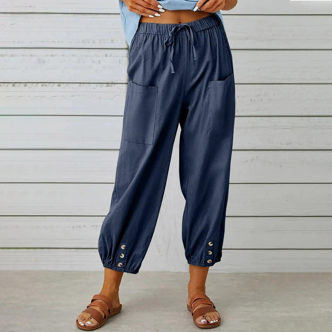 Light summer linen trousers with drawstring & wide cut – Mira-Blue-S-The Livary