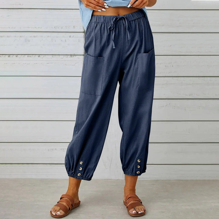 Light summer linen trousers with drawstring & wide cut – Mira-Blue-S-The Livary