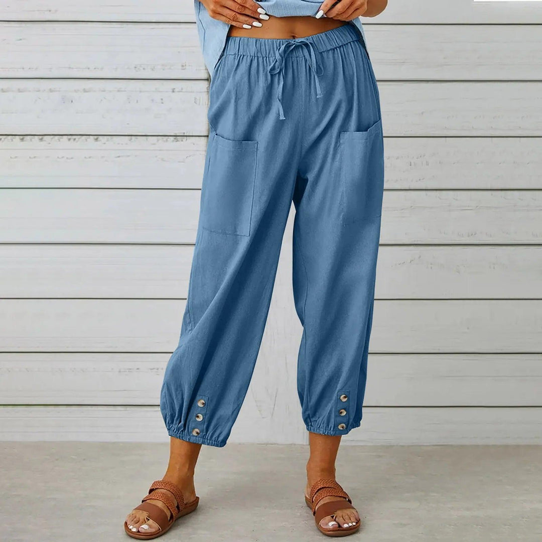 Light summer linen trousers with drawstring & wide cut – Mira-Denim blue-S-The Livary
