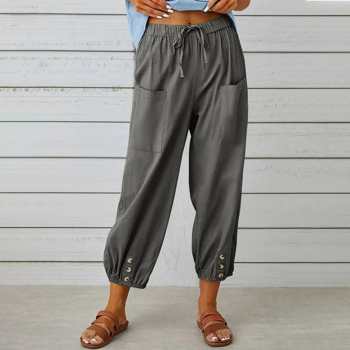 Light summer linen trousers with drawstring & wide cut – Mira-Khaki-S-The Livary