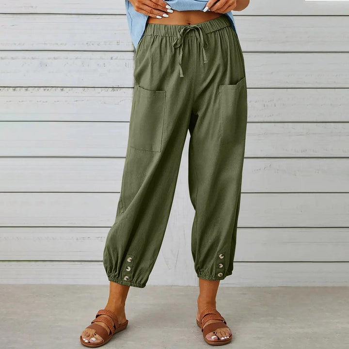 Light summer linen trousers with drawstring & wide cut – Mira-Green-S-The Livary