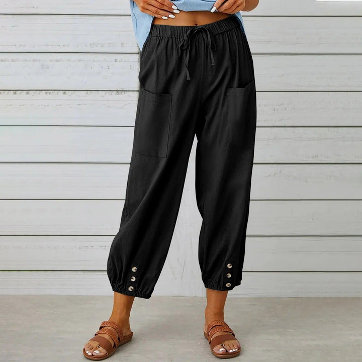 Light summer linen trousers with drawstring & wide cut – Mira-Dark grey-S-The Livary