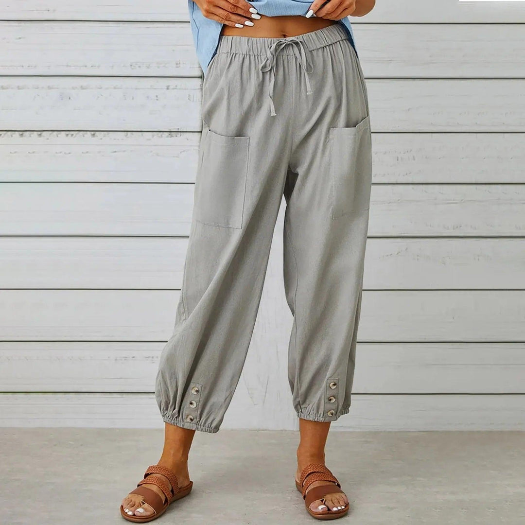 Light summer linen trousers with drawstring & wide cut – Mira-Gray-S-The Livary
