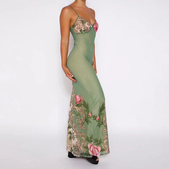 Floral summer maxi dress with V-neck and spaghetti straps - Alina-Blue-S-The Livary