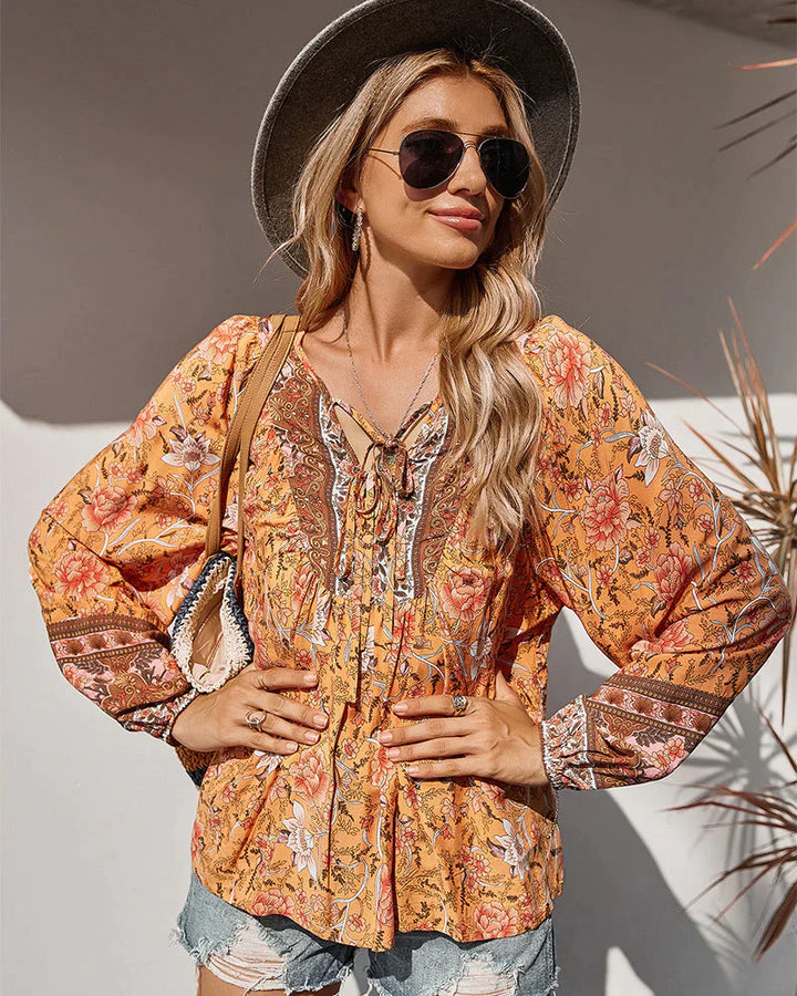 Vintage Boho summer blouse with floral print and long sleeves – Sana-Orange-S-The Livary
