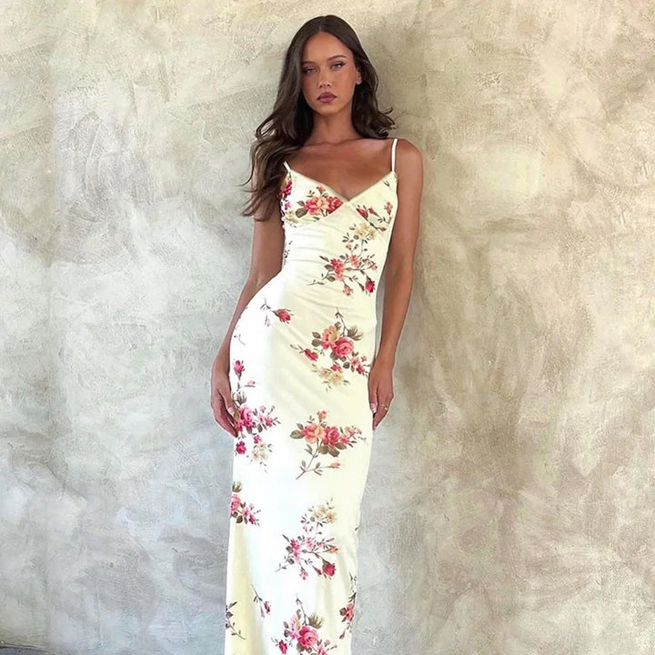 Floral summer maxi dress with V-neck and spaghetti straps - Alina-Beige-S-The Livary