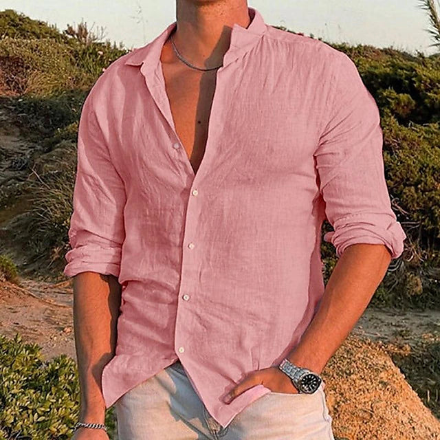 Casual men's linen shirt with long sleeves – Milan-Pink-S-The Livary